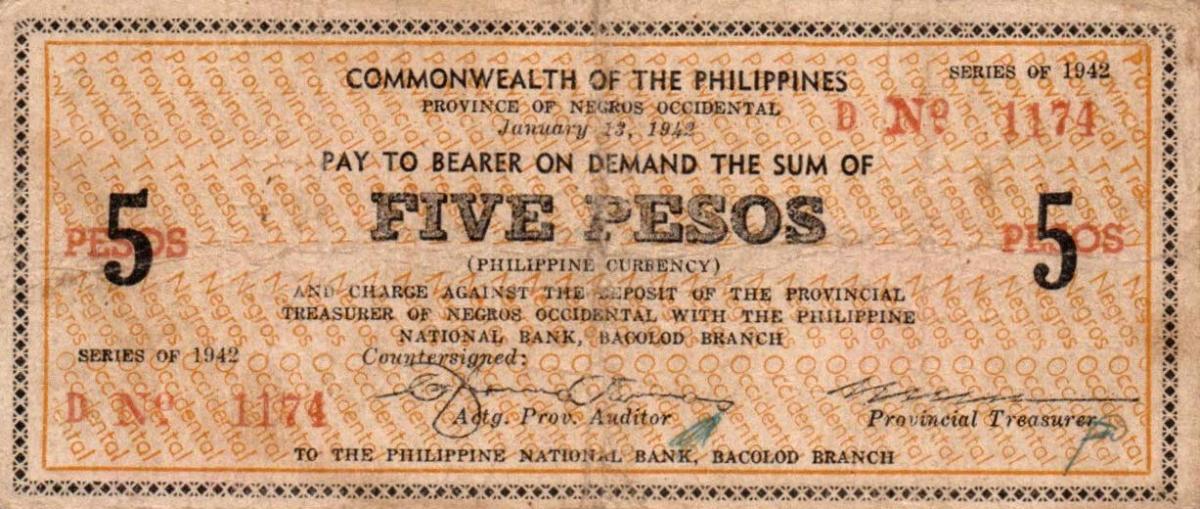 Front of Philippines pS637: 5 Pesos from 1942