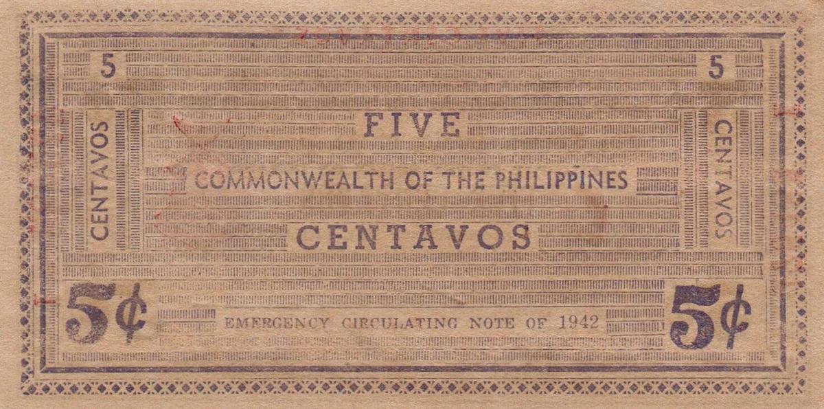 Back of Philippines pS641b: 5 Centavos from 1942