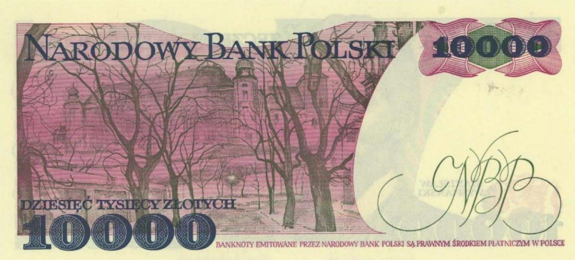 Back of Poland p151b: 10000 Zlotych from 1988