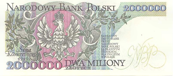 Back of Poland p158b: 2000000 Zlotych from 1992