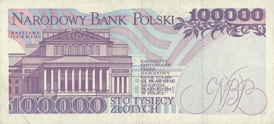 Back of Poland p160a: 100000 Zlotych from 1993