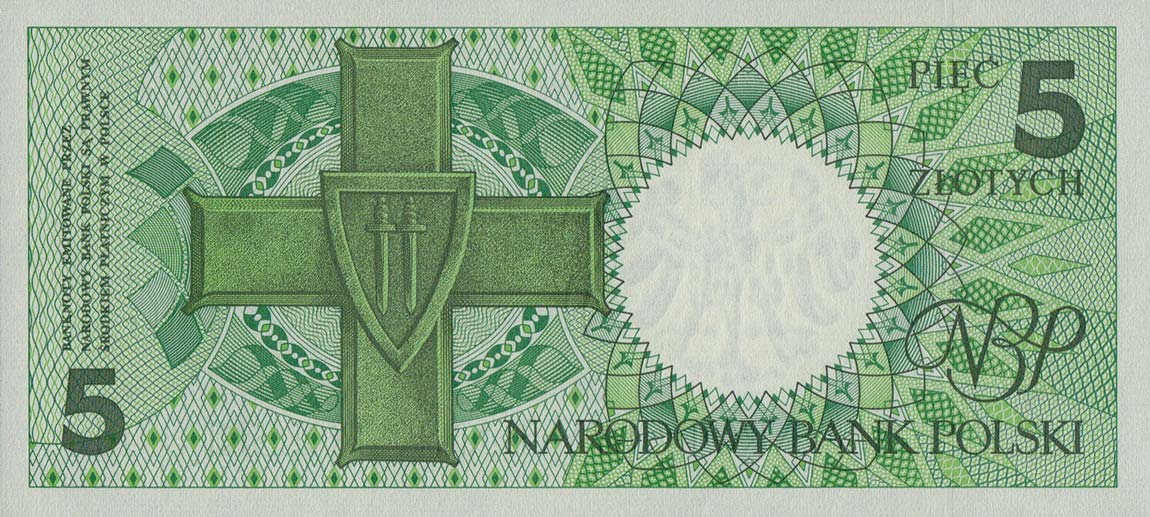 Back of Poland p166b: 5 Zlotych from 1990