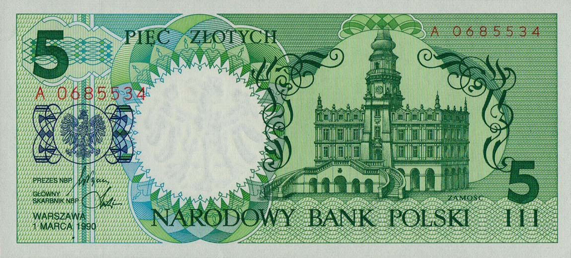 Front of Poland p166b: 5 Zlotych from 1990