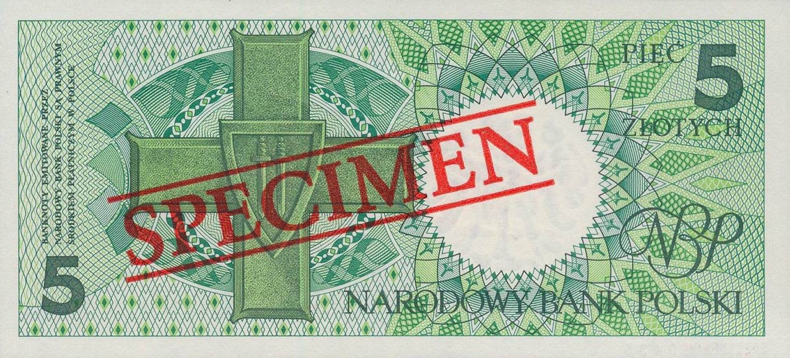 Back of Poland p166s: 5 Zlotych from 1990