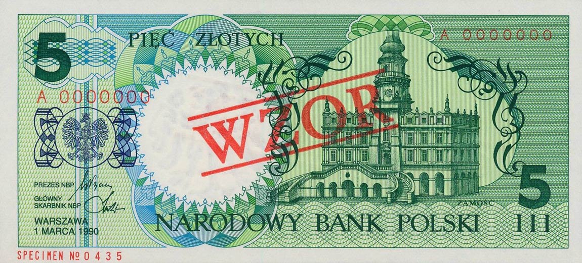 Front of Poland p166s: 5 Zlotych from 1990