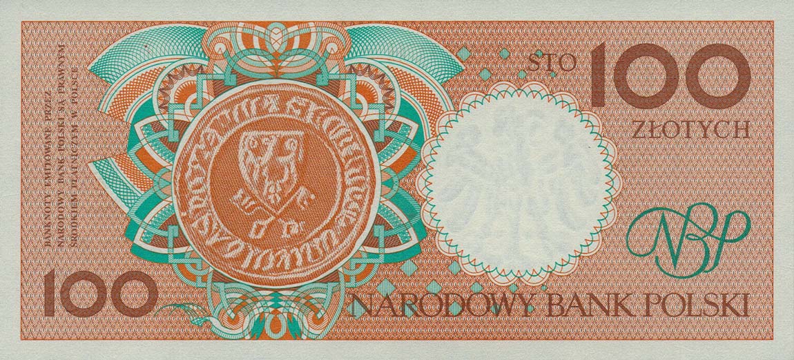 Back of Poland p170b: 100 Zlotych from 1990