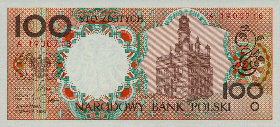Front of Poland p170b: 100 Zlotych from 1990