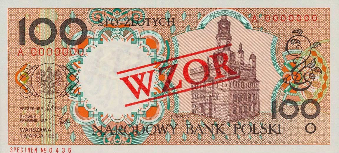 Front of Poland p170s: 100 Zlotych from 1990