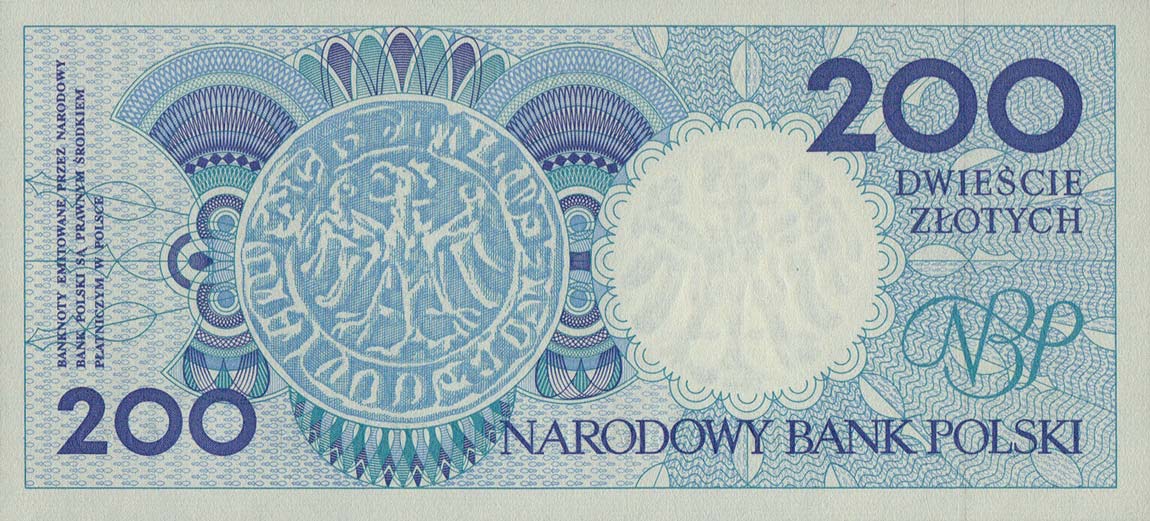 Back of Poland p171b: 200 Zlotych from 1990