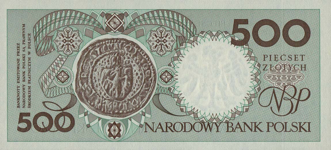 Back of Poland p172b: 500 Zlotych from 1990