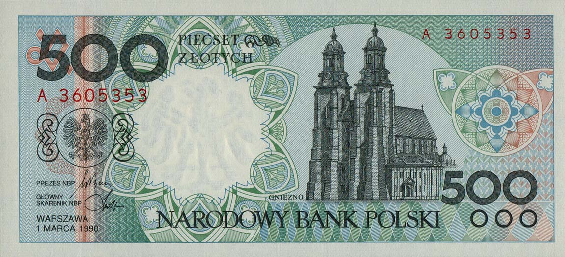 Front of Poland p172b: 500 Zlotych from 1990