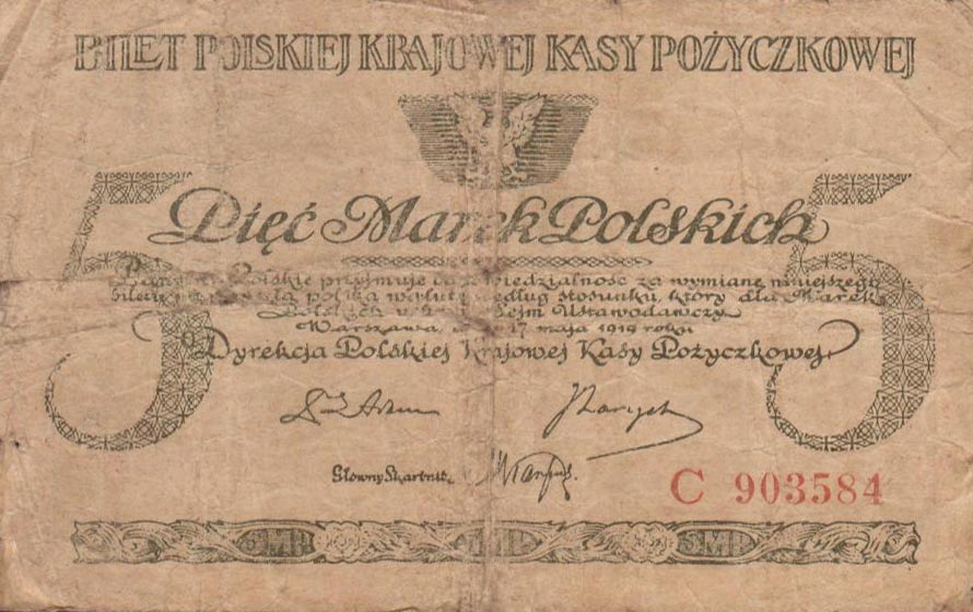 Front of Poland p20b: 5 Marek from 1919