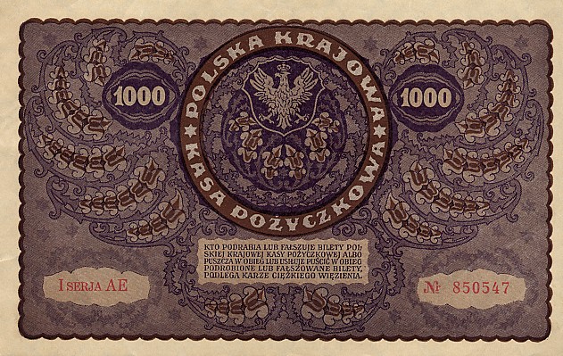 Back of Poland p29: 1000 Marek from 1919