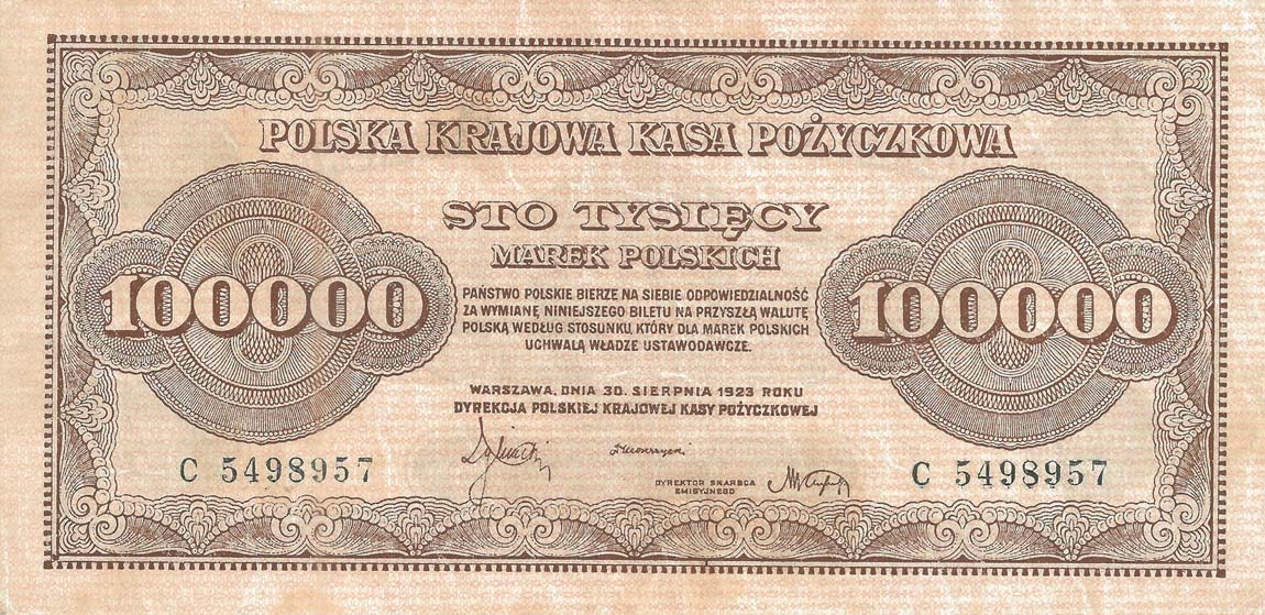 Front of Poland p34a: 100000 Marek from 1923