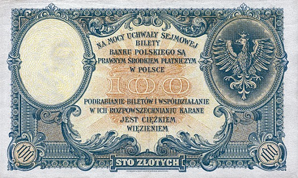 Back of Poland p57a: 100 Zlotych from 1919