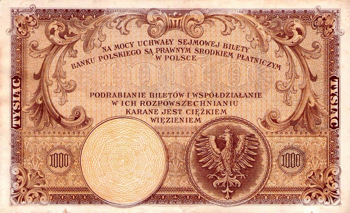 Back of Poland p59a: 1000 Zlotych from 1919