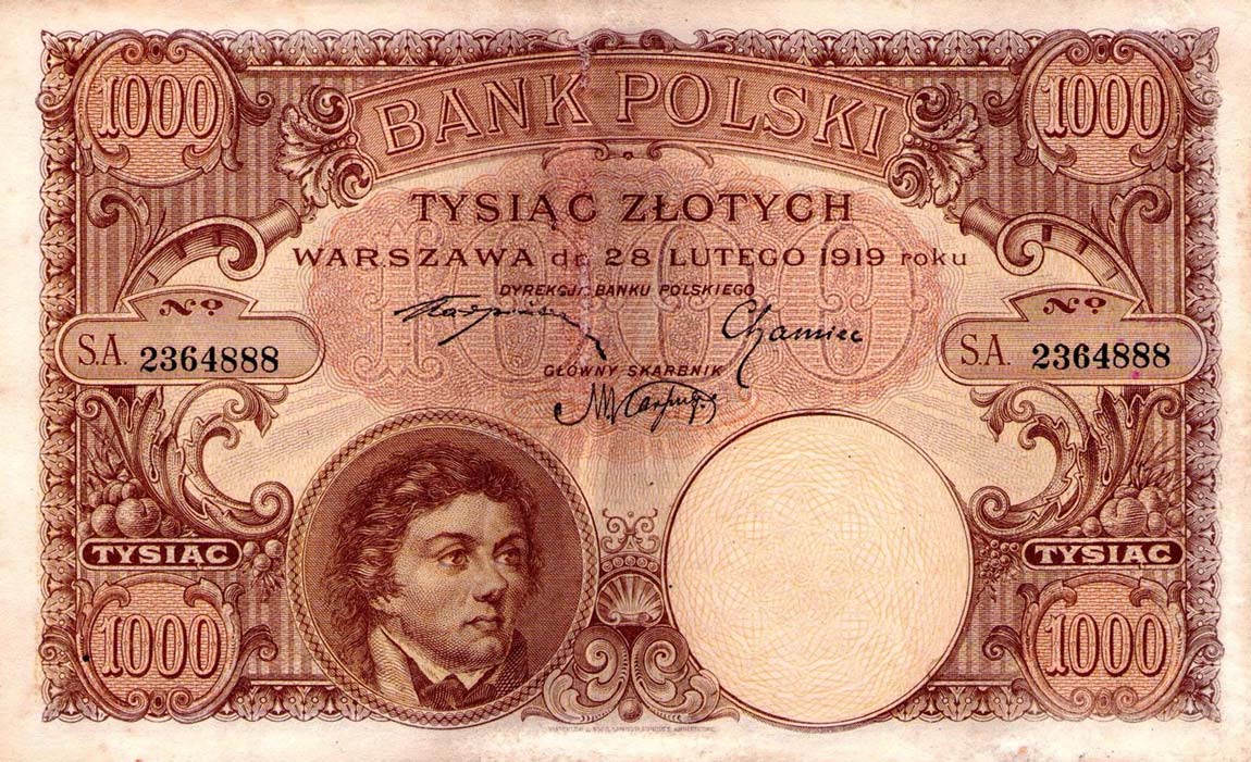 Front of Poland p59a: 1000 Zlotych from 1919