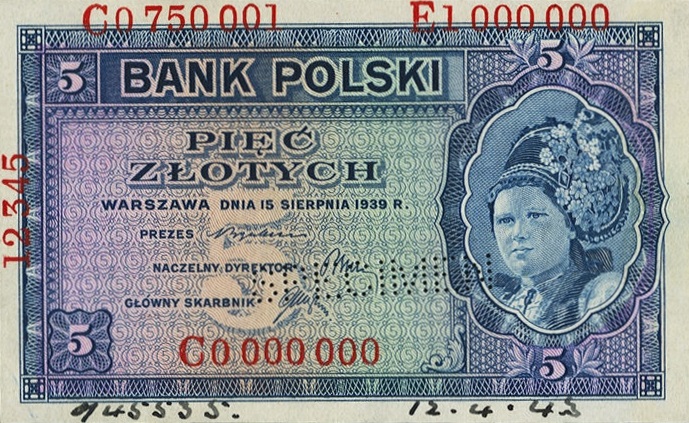 Front of Poland p81s: 5 Zlotych from 1939