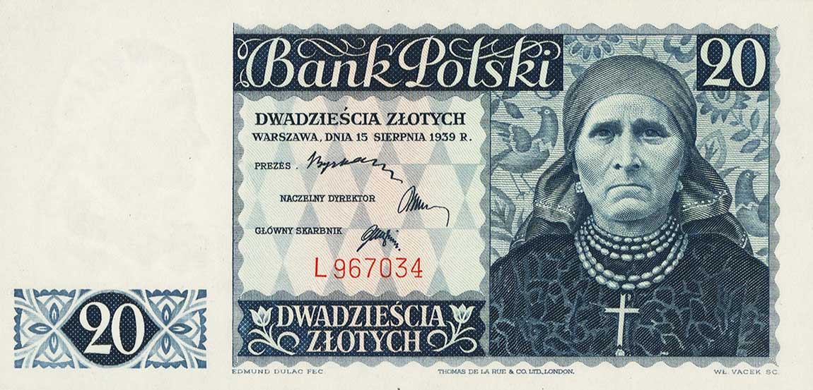 Front of Poland p83r: 20 Zlotych from 1939