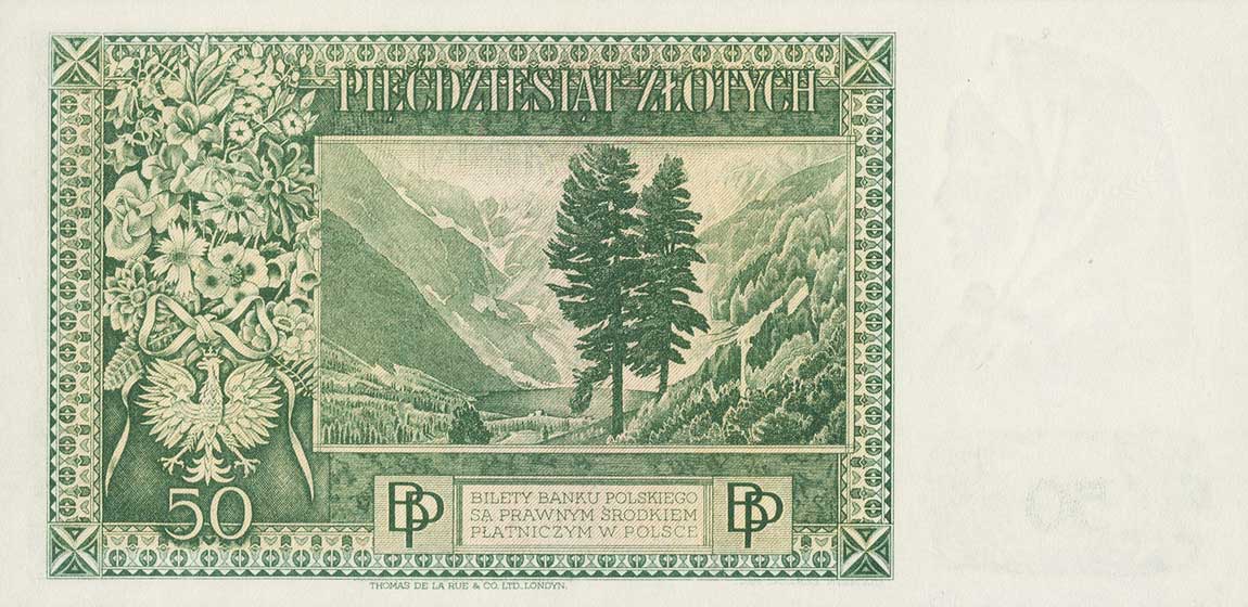 Back of Poland p84r: 50 Zlotych from 1939