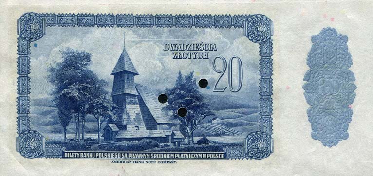 Back of Poland p87s: 20 Zlotych from 1939