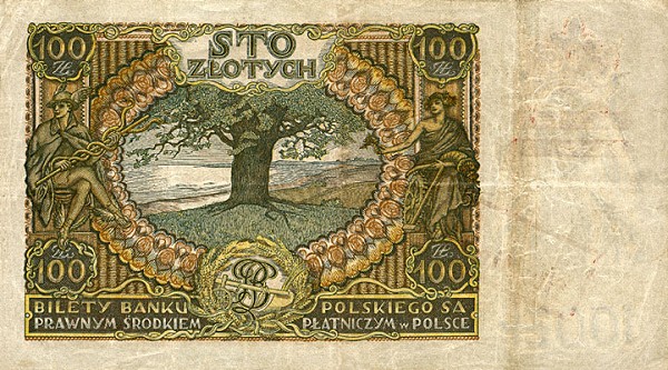 Back of Poland p90: 100 Zlotych from 1939