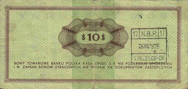 Back of Poland pFX30: 10 Dollars from 1969