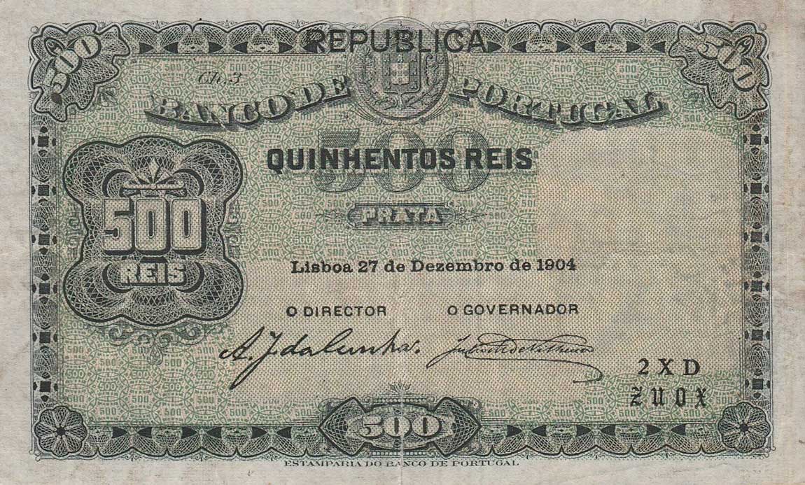 Front of Portugal p105b: 500 Reis from 1917