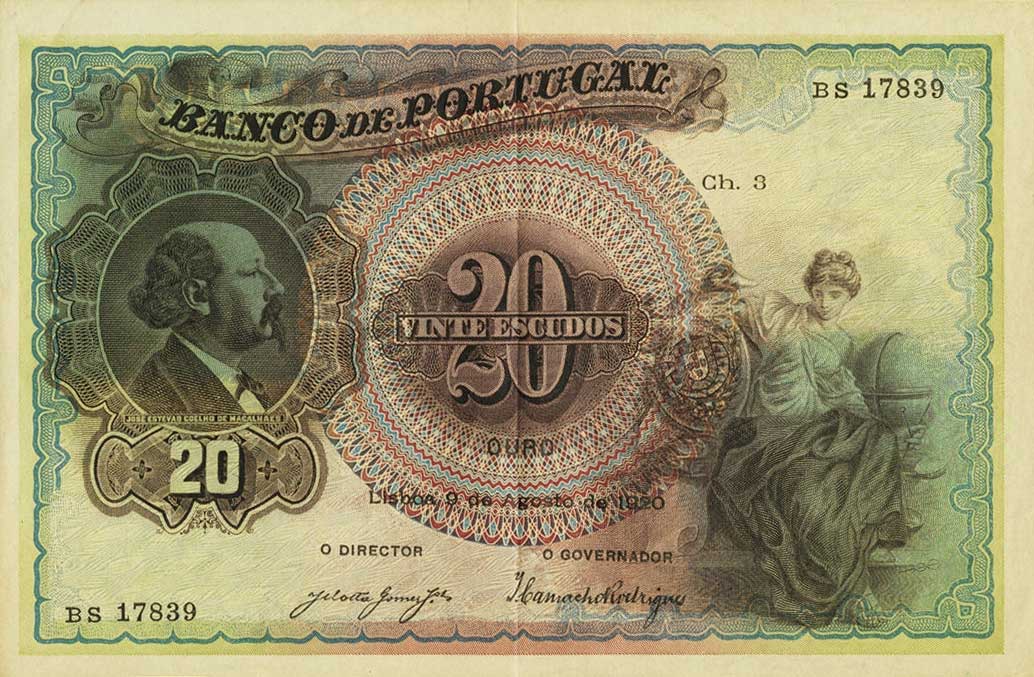 Front of Portugal p122a: 20 Escudos from 1920