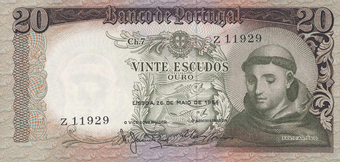 Front of Portugal p167a: 20 Escudos from 1964