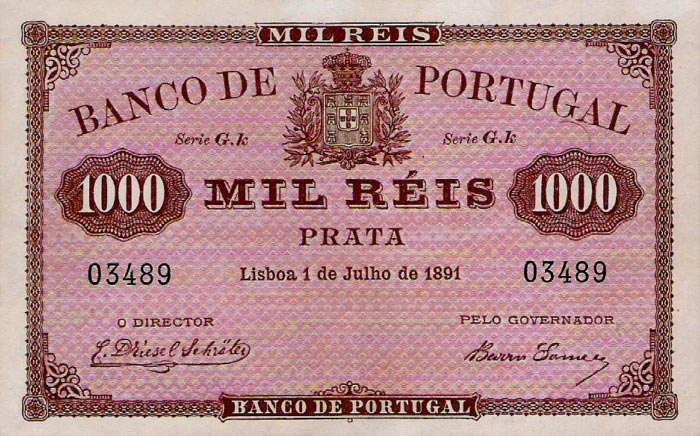 Front of Portugal p66: 1 Mil Reis from 1891