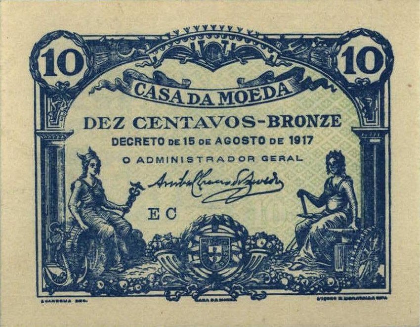 Front of Portugal p95c: 10 Centavos from 1917