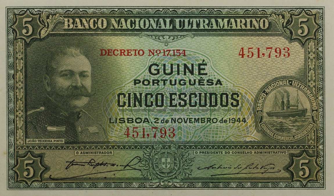 Front of Portuguese Guinea p25a: 5 Escudos from 1944