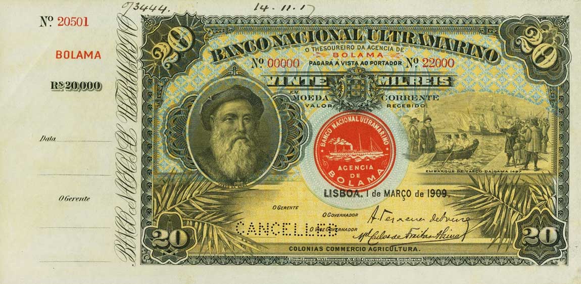 Front of Portuguese Guinea p5s: 20 Mil Reis from 1909