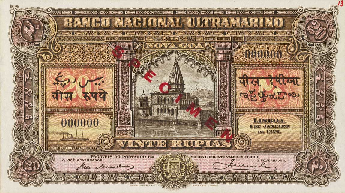 Front of Portuguese India p27ct: 20 Rupia from 1924