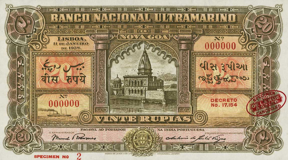 Front of Portuguese India p33s: 20 Rupia from 1938