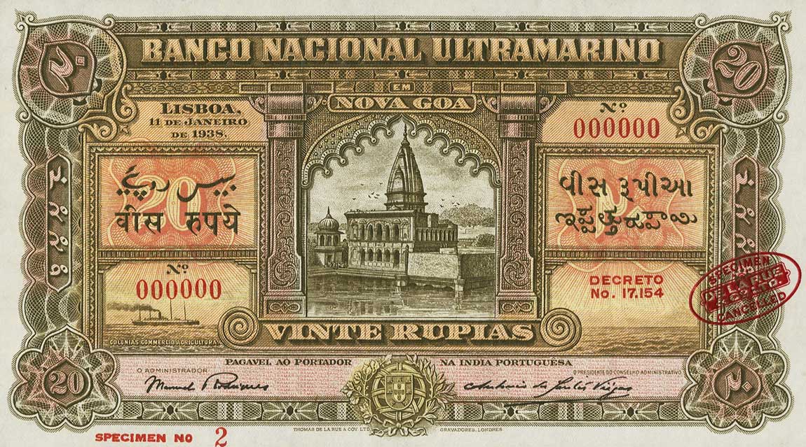 Front of Portuguese India p33s: 20 Rupia from 1938