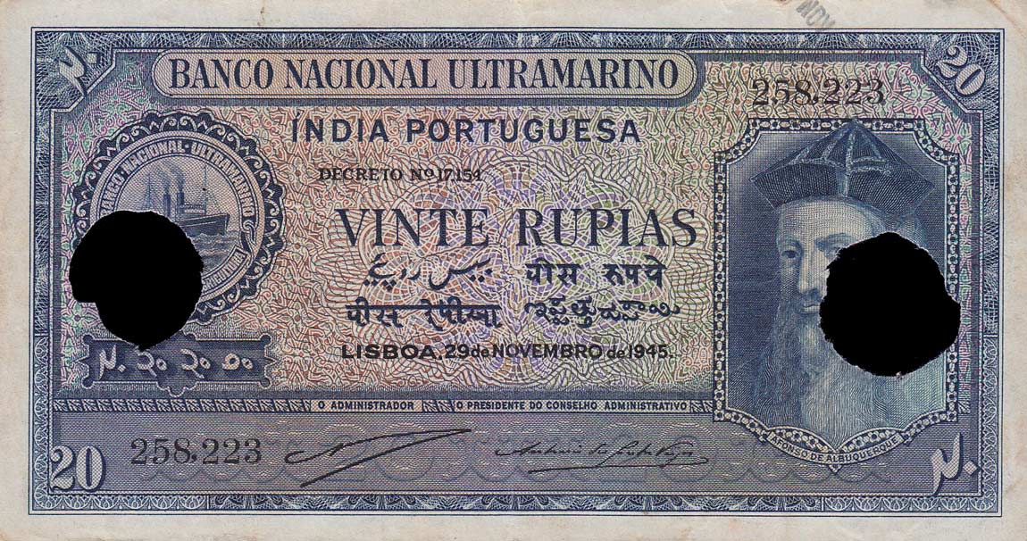 > Portuguese India p37x 20 Rupia from 1945