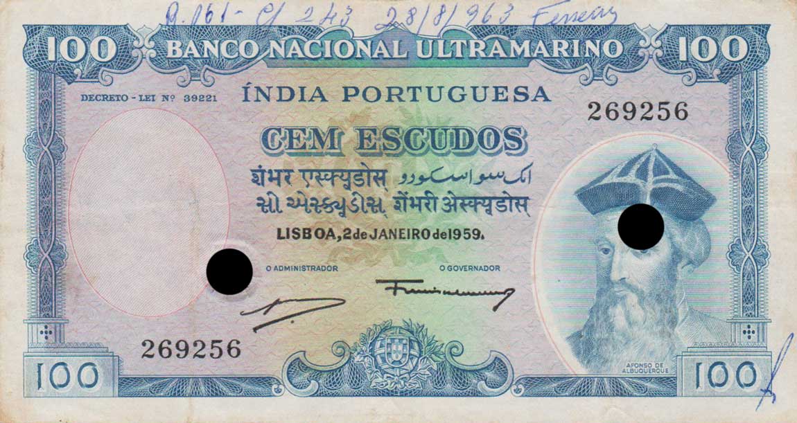 Front of Portuguese India p43x: 100 Escudos from 1959