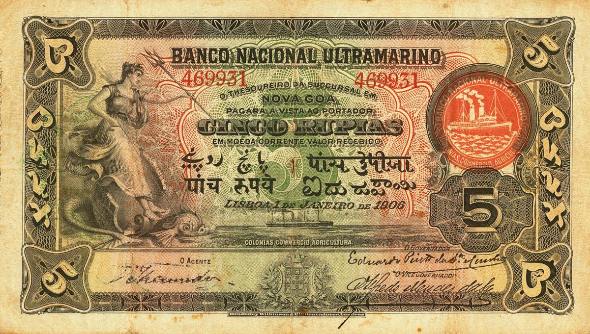 Front of Portuguese India p15b: 5 Rupia from 1918