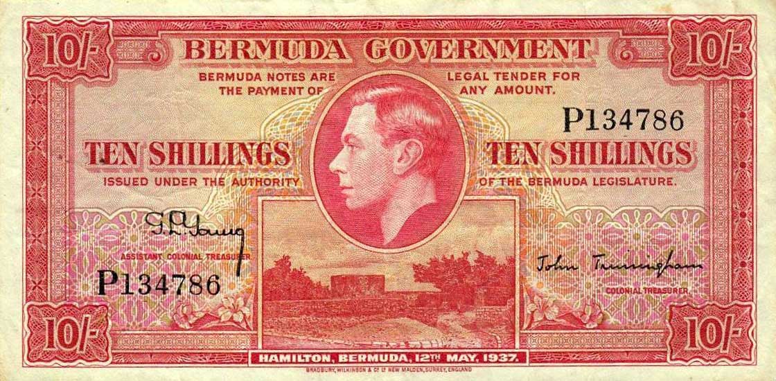Front of Bermuda p10a: 10 Shillings from 1937