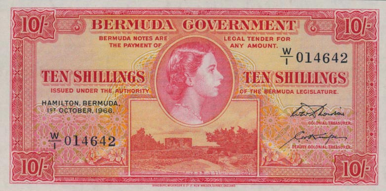 Front of Bermuda p19c: 10 Shillings from 1966