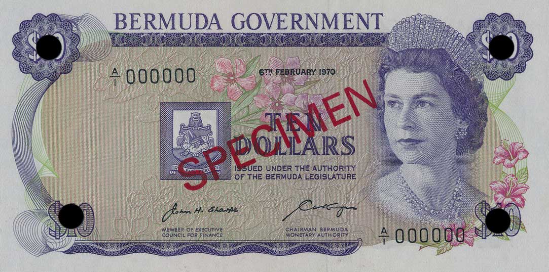 Front of Bermuda p25s: 10 Dollars from 1970