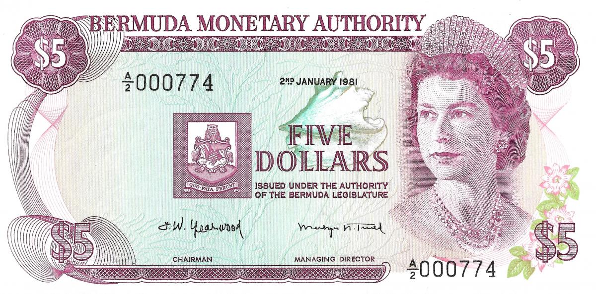 Front of Bermuda p29b: 5 Dollars from 1981