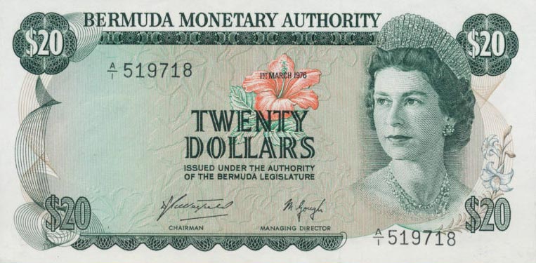 Front of Bermuda p31b: 20 Dollars from 1976