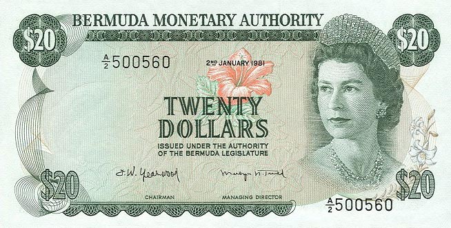 Front of Bermuda p31c: 20 Dollars from 1981