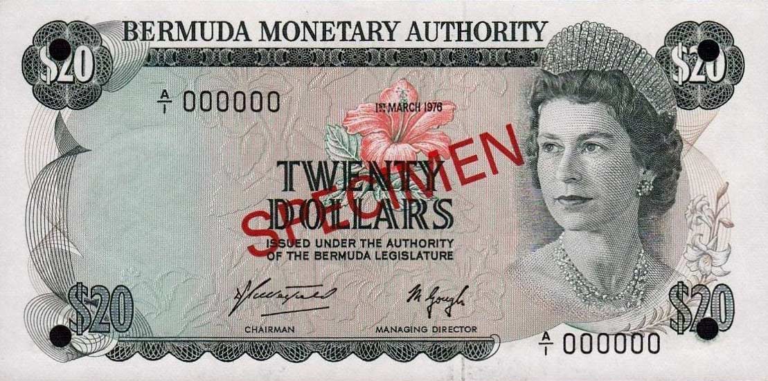 Front of Bermuda p31s: 20 Dollars from 1974