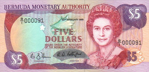Front of Bermuda p35a: 5 Dollars from 1989