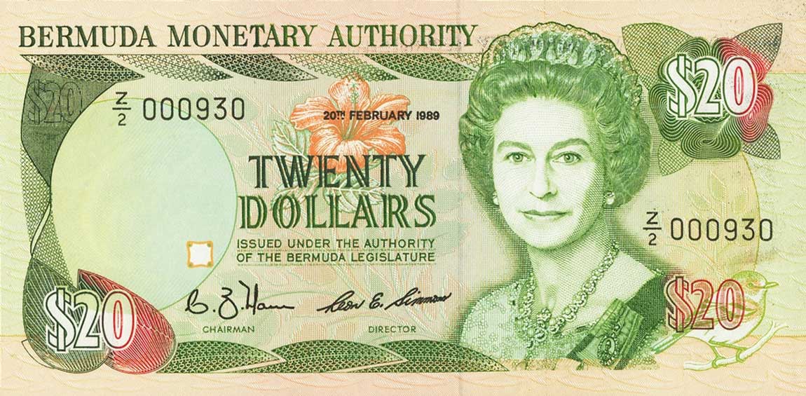 Front of Bermuda p37r: 20 Dollars from 1989