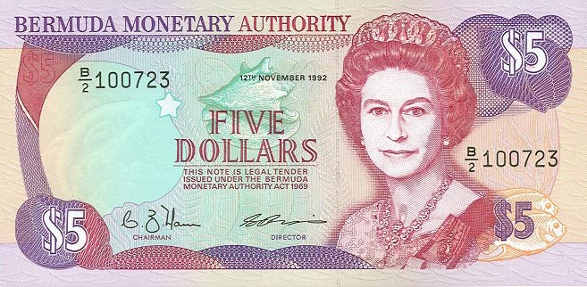 Front of Bermuda p41a: 5 Dollars from 1992